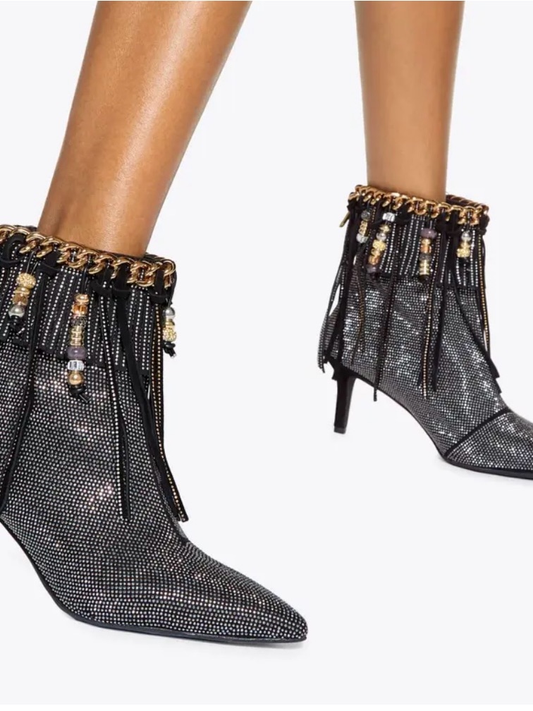 Kurt Geiger Black Rhinestone Fringe Ankle Boots With Gold Chain Trim